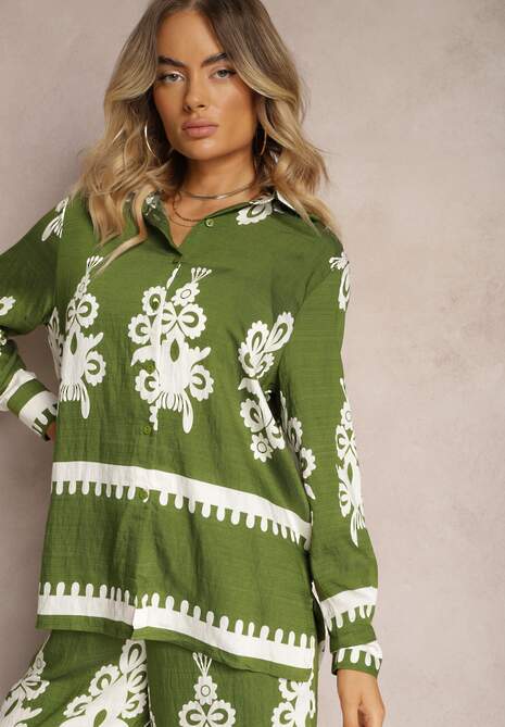 Zielony Wiskozowy Komplet w Kwiaty Szerokie Spodnie z Gumką w Pasie i Koszula Fawnla