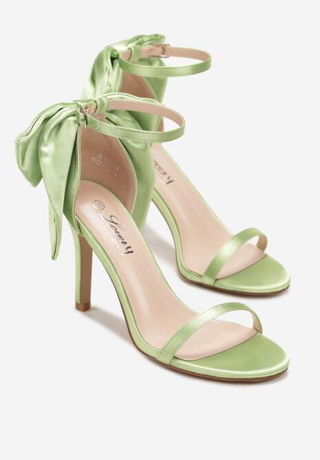 Zielone Satynowe Sandały na Szpilce z Kokardą Chetha
