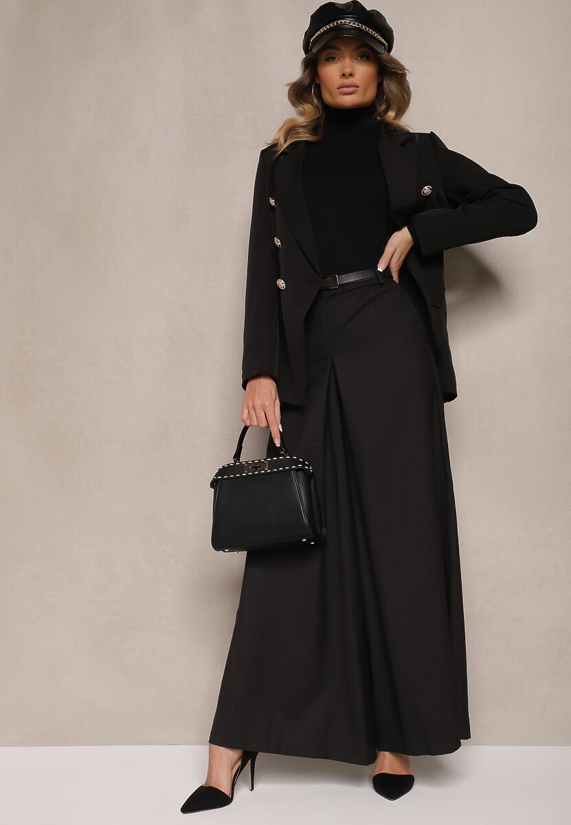 Czarne Spodnie Culottes z Paskiem i Szerokimi Nogawkami Imitującymi Spódnicę Aimleda