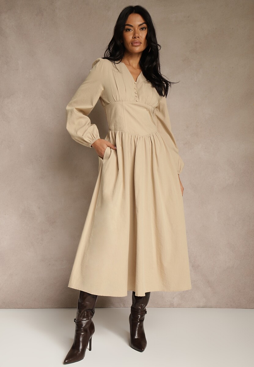 Beżowa Gorsetowa Sukienka z Wiskozą z Guzikami i Bufiastymi Rękawami Ahlite