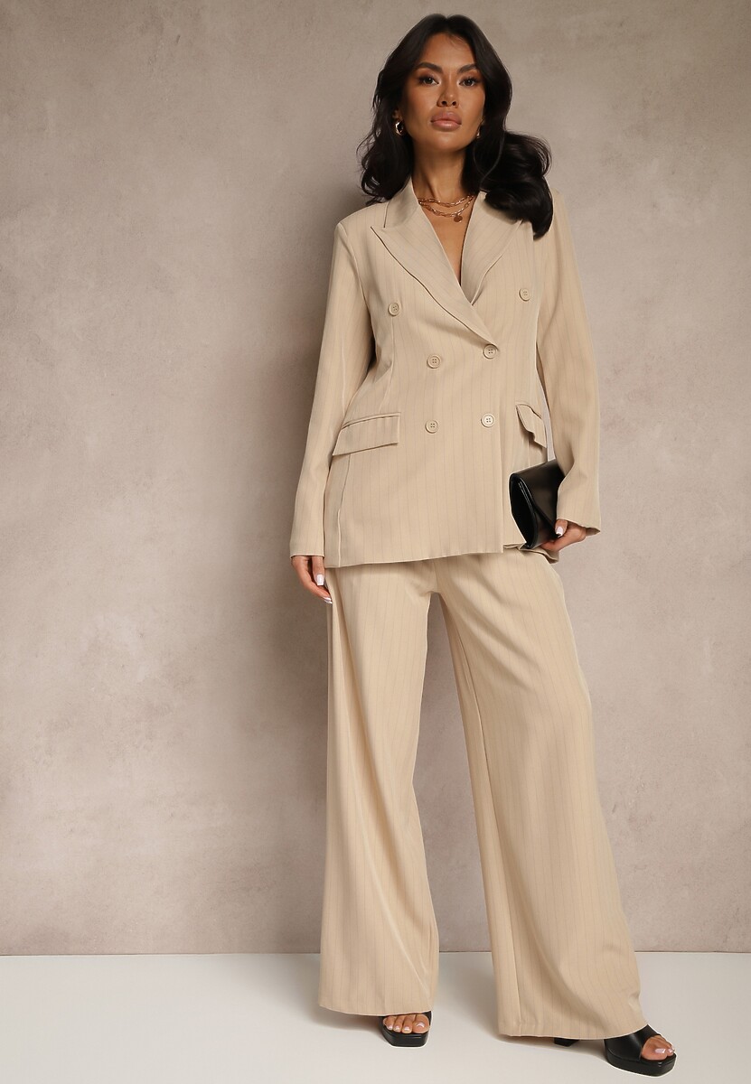 Granatowe Szerokie Spodnie Garniturowe z Wiskozą Ozdobione Paskiem Ellilara