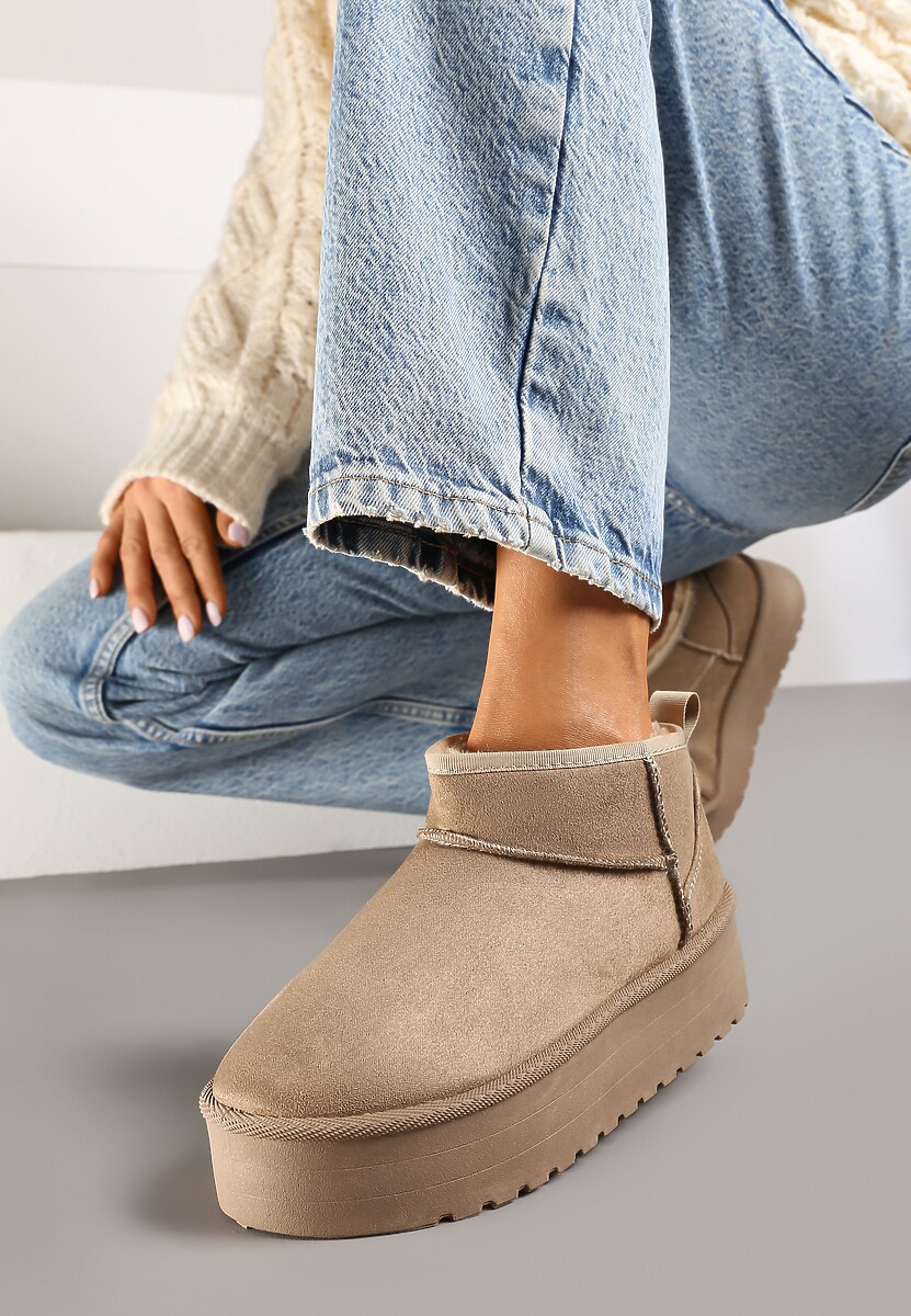 Ciemnobeżowe Wsuwane Śniegowce na Gładkiej Platformie Merileeanne