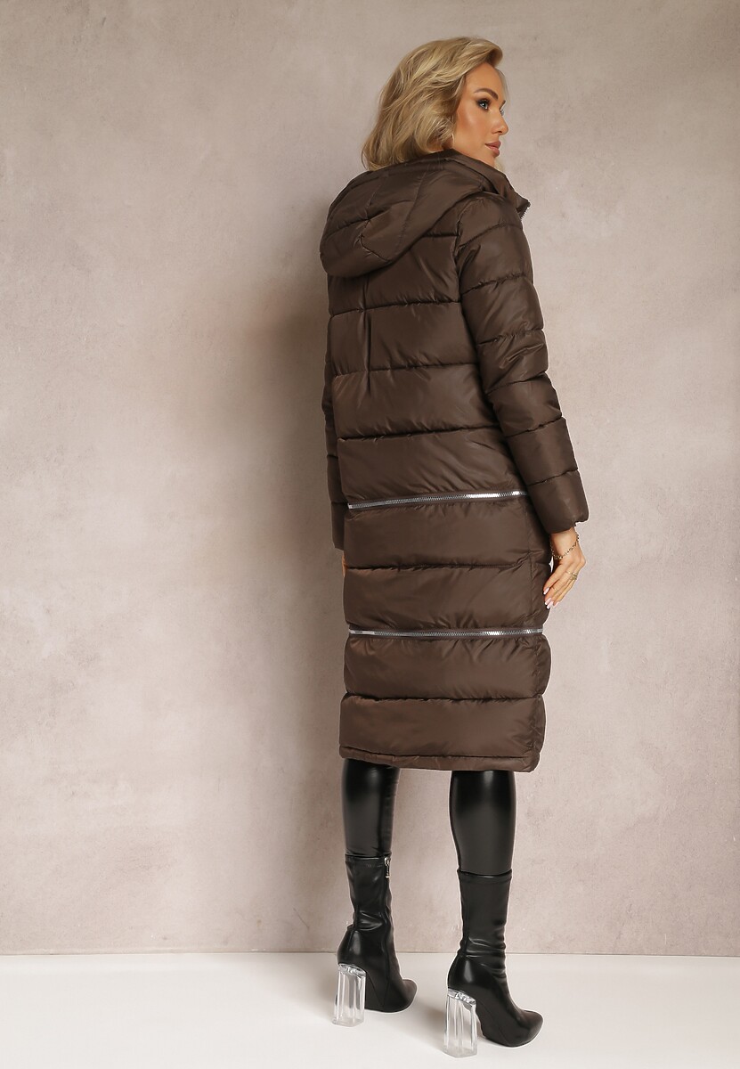 Brązowa Pikowana Kurtka Płaszcz z Kapturem i Regulowaną Długością Tirilele