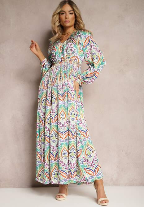 Zielona Rozkloszowana Sukienka z Wycięciem i Plisowanym Dołem Zapinana na Guziki Amymarie