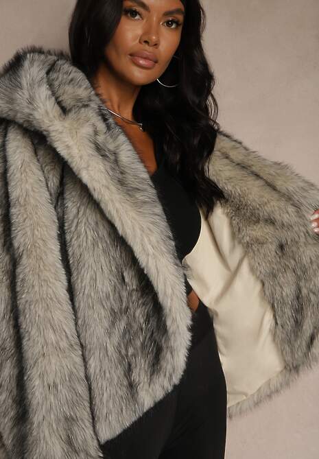 Szara Oversizowa Kurtka Futerko z Kapturem Venelle