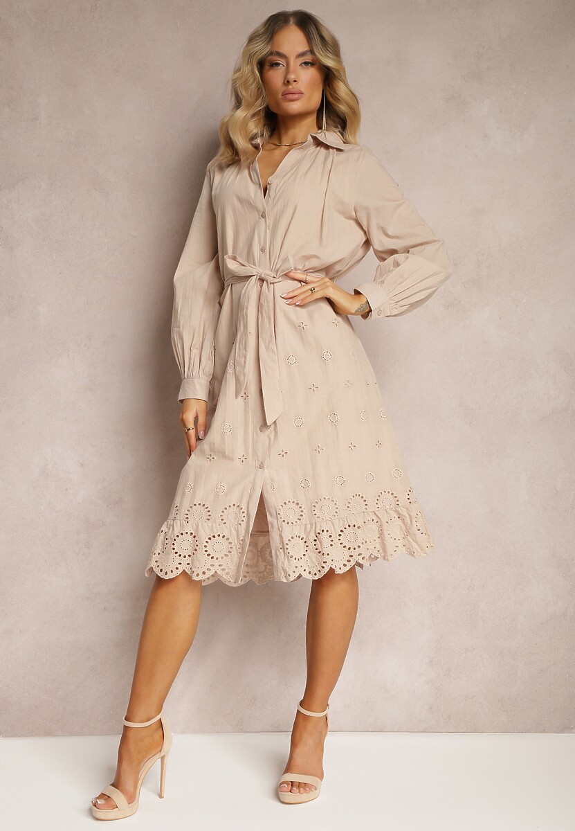 Biała Bawełniana Sukienka Koszulowa z Guzikami i Materiałowym Paskiem Wykończona Koronką Satala