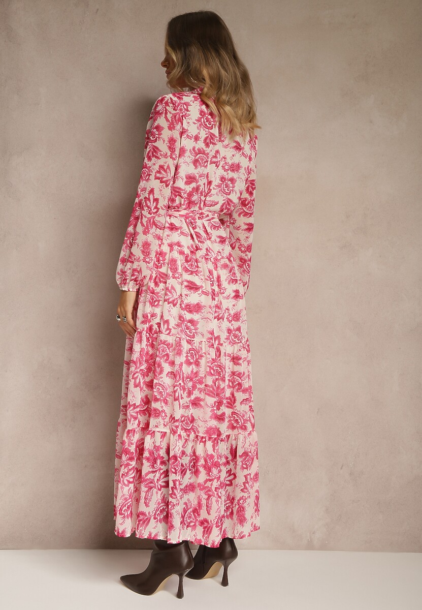 Fuksjowa Kwiecista Sukienka Maxi z Falbanką i Materiałowym Paskiem Ayvie