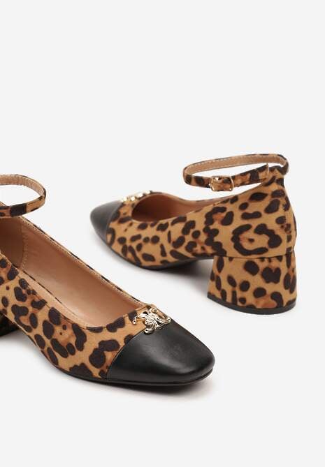 Brązowe Lakierowane Czółenka na Obcasie z Ozdobnym Noskiem i Paskiem Wokół Kostki Kolaria