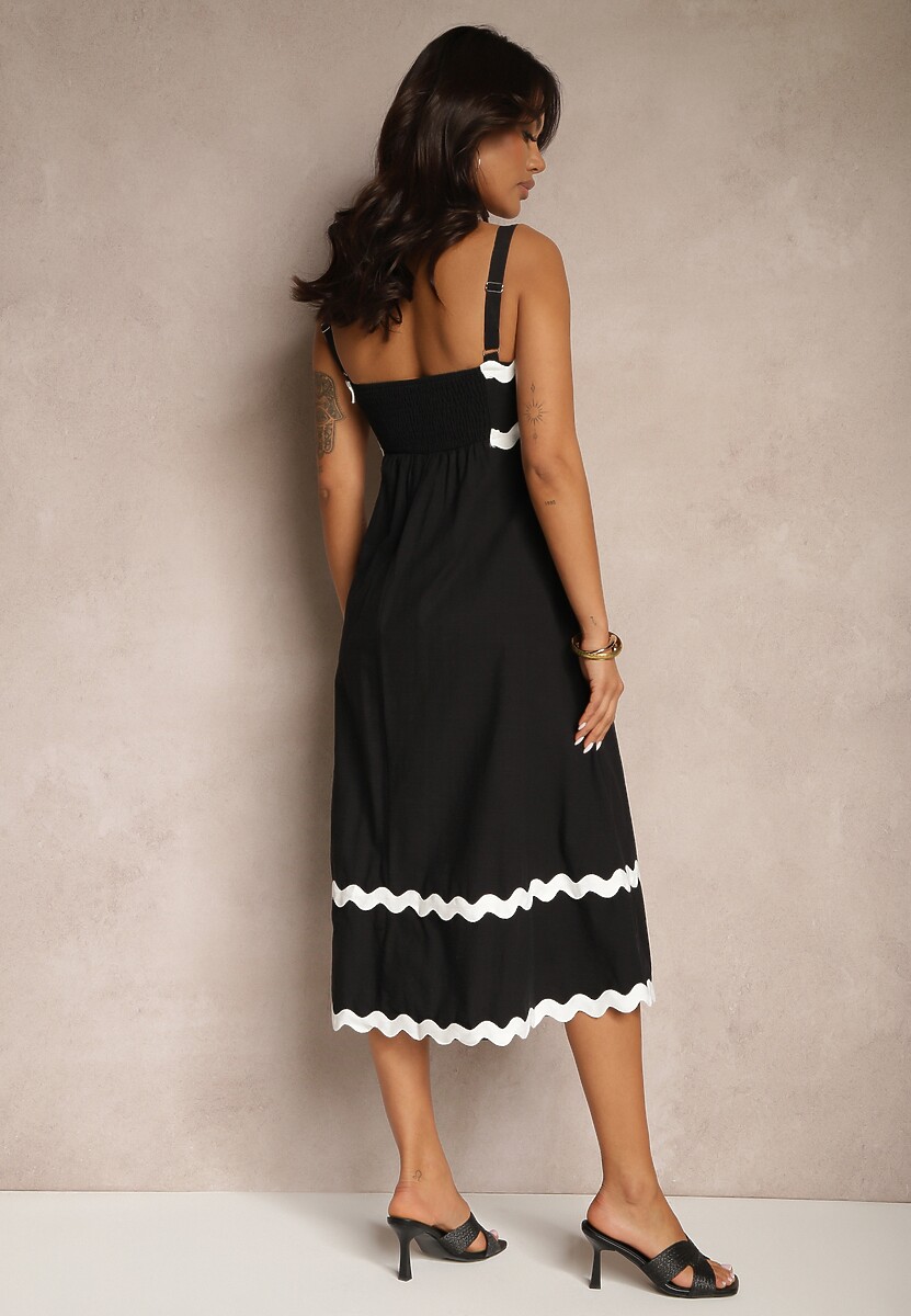 Czarna Sukienka z Wiskozą i Bawełną na Ramiączkach z Geometrycznym Wzorem Ilanvia