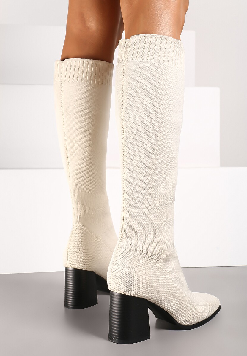 Beżowe Kozaki na Słupku ze Elastyczną Cholewką Ellitra