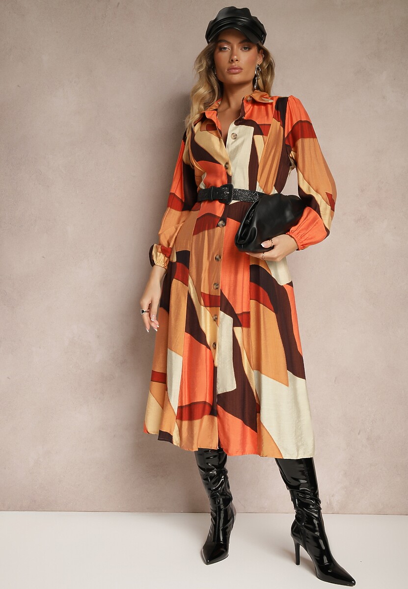 Jasnobrązowa Koszulowa Sukienka z Wiskozą Zdobiona Geometrycznym Wzorem z Paskiem w Talii Tifiel