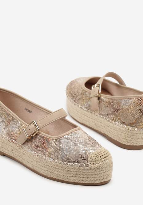 Beżowe Wężowe Espadryle z Plecionką i Paskiem Fevolise