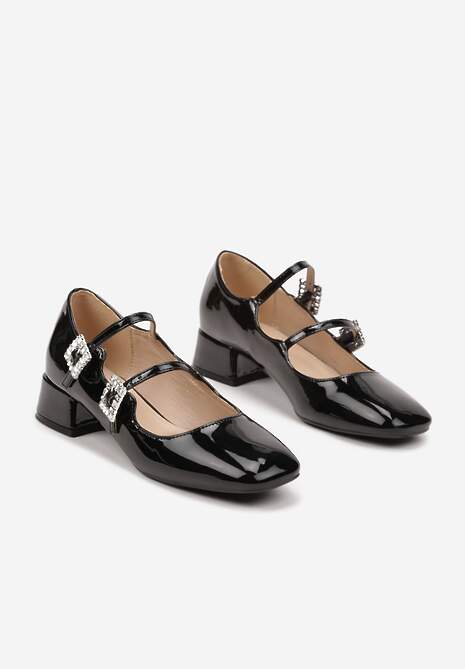 Czarne Lakierowane Czółenka Wykończone Cyrkoniowymi Sprzączkami Jenaria