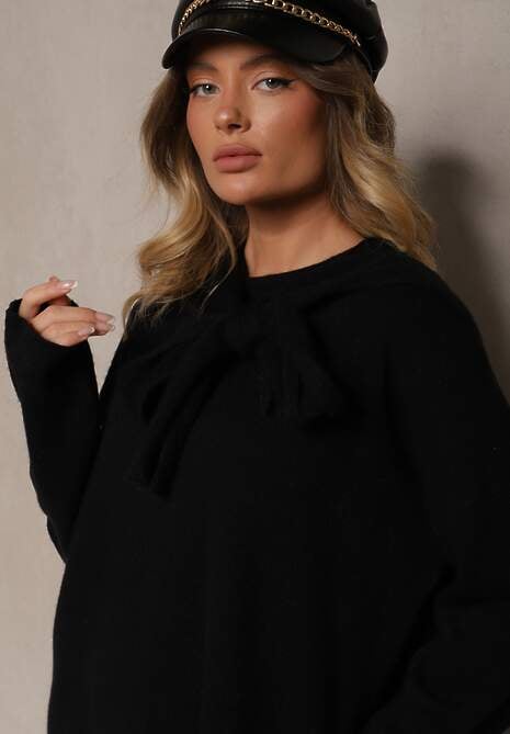 Czarny Komplet Oversize z Dzianiny Sweter z Wiązaniem i Spodnie o Szerokim Kroju Emmige