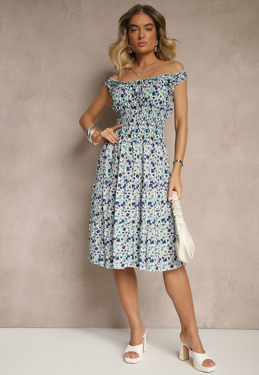 Biało-Niebieska Bawełniana Sukienka z Guzikami o Rozkloszowanym Kroju w Kwiatowy Print Roniselle