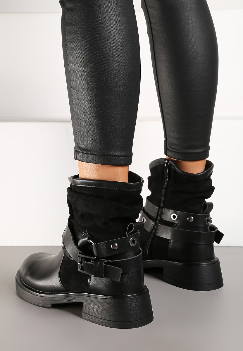 Czarne Marszczone Botki z Ozdobnymi Paskami z Klamrami Cyredi