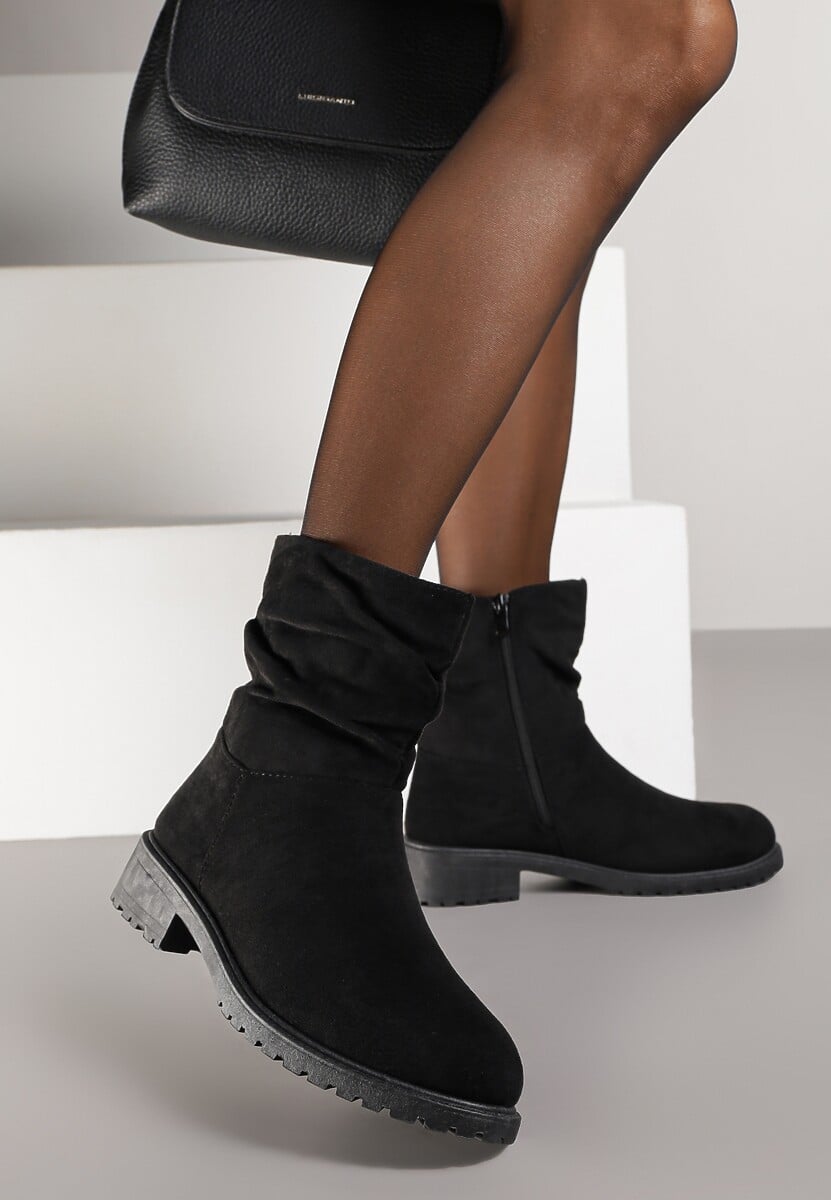 Czarne Botki z Imitacji Zamszu z Marszczoną Cholewką do Kostki Ilora