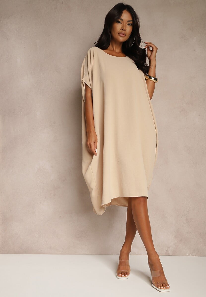 Beżowa Sukienka Mini o Fasonie Nietoperza z Okrągłym Dekoltem Maglia
