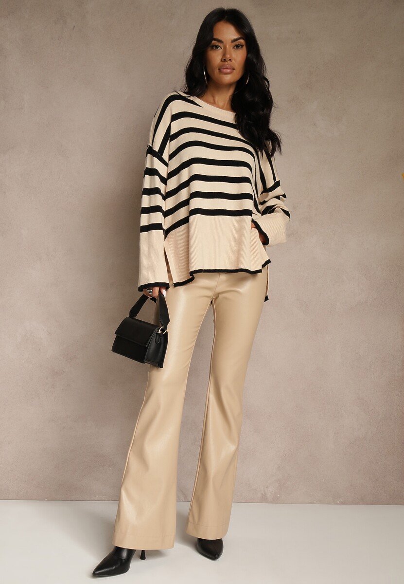 Kremowo-Czarny Sweter Oversize w Paski Kalitusa