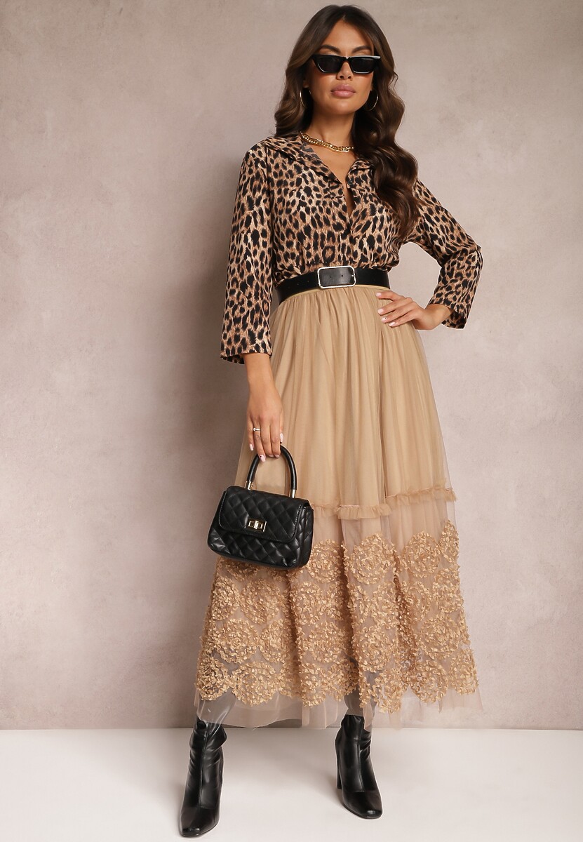 Beżowa Tiulowa Spódnica Maxi z Gumką w Talii Nadelyn