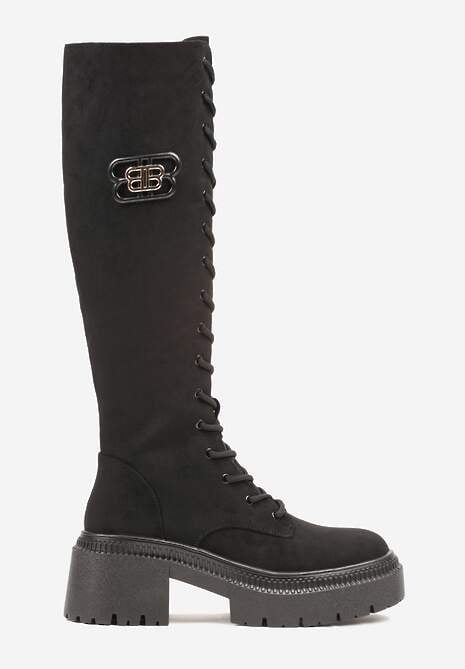 Czarne Kozaki Vices z Imitacji Zamszu w Stylu Grunge ze Sznurowaną Cholewką i Platformą Laurotte