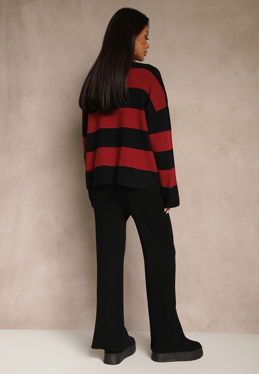 Bordowy Komplet z Dzianiny Spodnie Wide Leg i Sweter w Szerokie Pasy Falorella