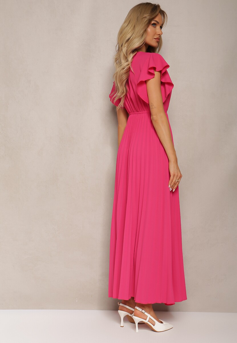 Ciemnoróżowa Rozkloszowana Sukienka z Plisami Maxi z Falbankami przy Ramionach Nethula