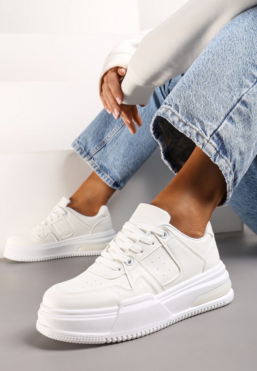 Białe Sportowe Sneakersy na Grubej Podeszwie z Wiązaniem Mintellia