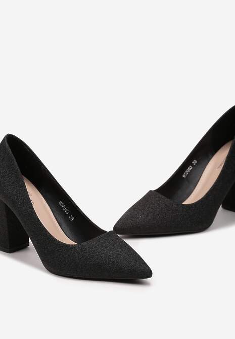 Czarne Brokatowe Czółenka na Wysokim Słupku ze Szpiczastym Noskiem Calvinia