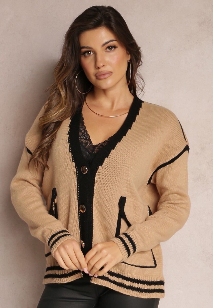 Ciemnobeżowy Kardigan z Metalicznymi Guzikami i Ozdobnymi Lamówkami Abovza