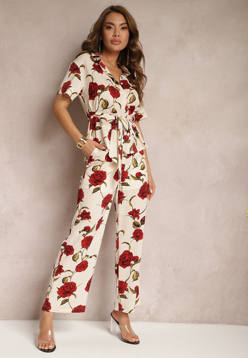 Beżowo-Bordowe Szerokie Spodnie w Kwiatowy Print z Kieszonkami Pomgranata