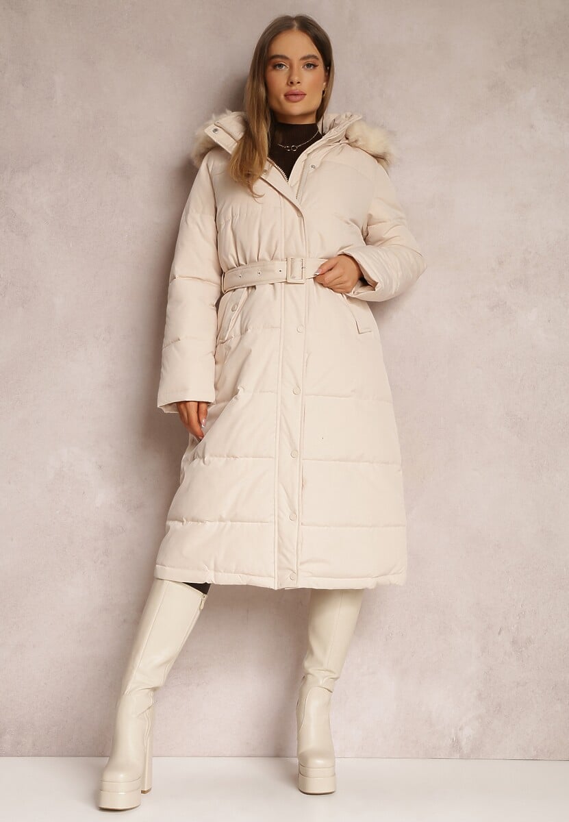 Ciemnobeżowa Kurtka Długa z Paskiem i Kapturem Pikowana Nilme