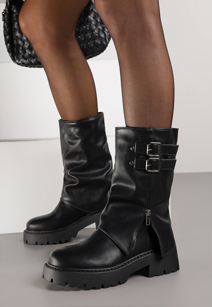Czarne Botki Biker Boots VICES ze Sprzączkami i Cholewką Imitującą Nogawkę Anevita