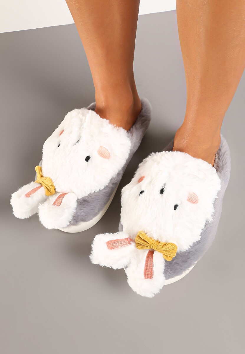 Szare Kapcie na Płaskiej Podeszwie Ozdobione Króliczkiem 3D Temiena