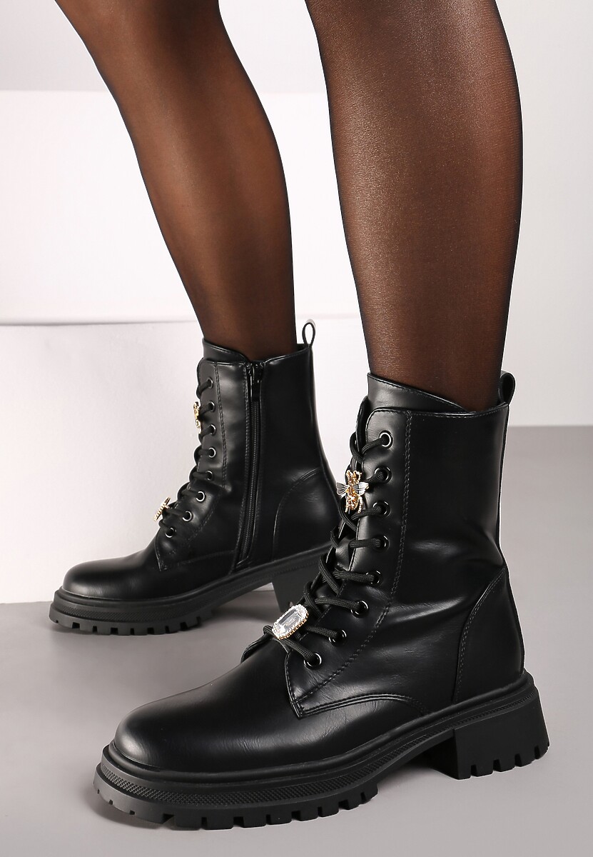 Czarne Botki na Platformie w Stylu Workerów Ozdobione Cyrkoniowymi Aplikacjami Mericia