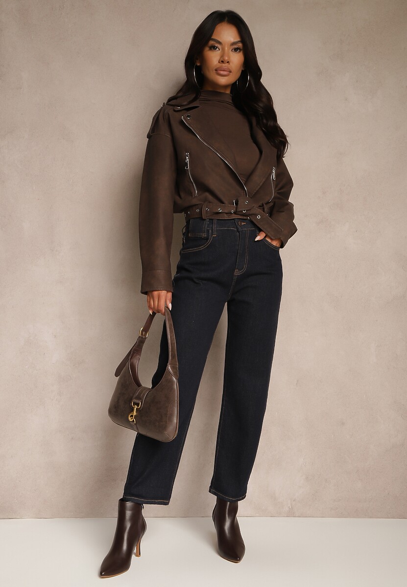 Granatowe Jeansy Mom Fit Regular Waist Ahortia