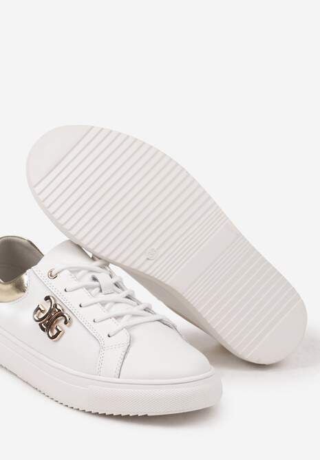 Biało-Złote Sneakersy na Płaskiej Podeszwie ze Skóry Naturalnej z Aplikacją 3D Milisea