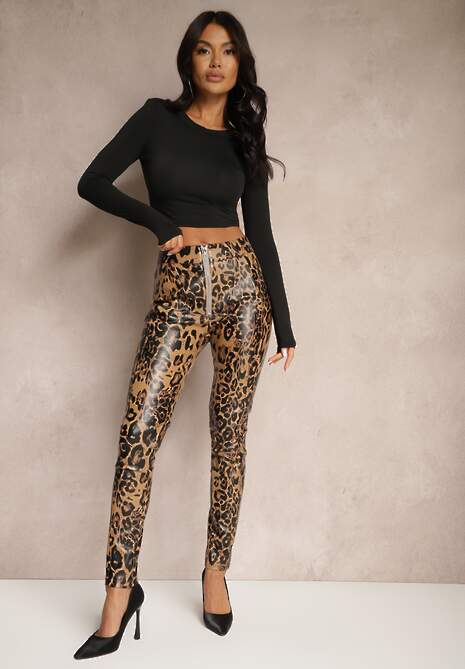 Brązowe Spodnie w Panterkę High Waist z Ekoskóry z Ozdobnym Suwakiem i Ociepleniem Ilanilith