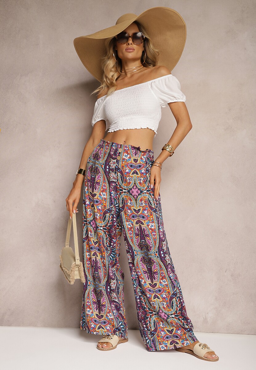 Fioletowe Wiskozowe Spodnie High Waist o Szerokim Kroju z Gumką w Talii Vimashia