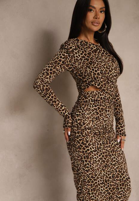 Brązowa Sukienka w Panterkowy Print o Dopasowanym Kroju z Cyrkoniami Nallinette