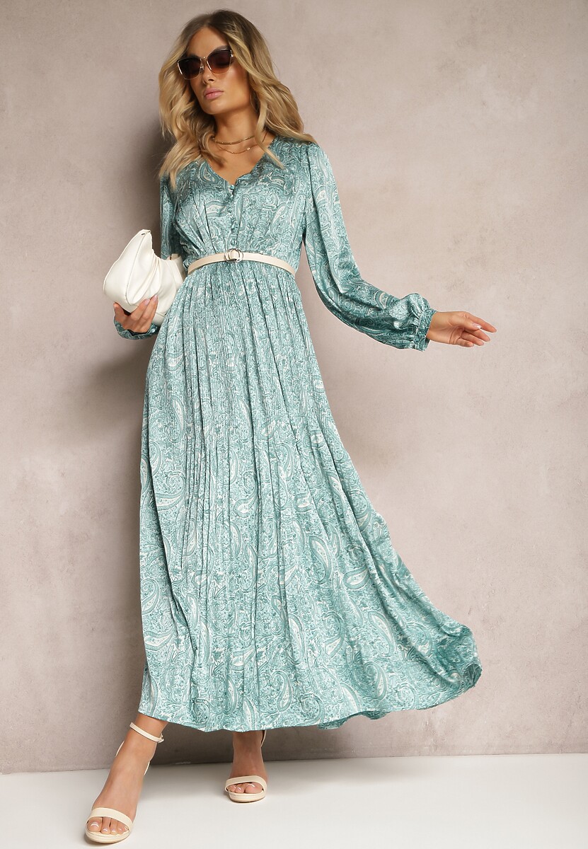 Zielona Rozkloszowana Sukienka z Plisowanym Dołem Wykończona Guzikami Xilalara