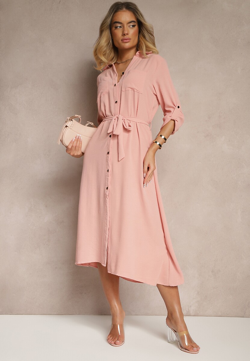 Różowa Sukienka Koszulowa Ozdobiona Paskiem Vivirielle