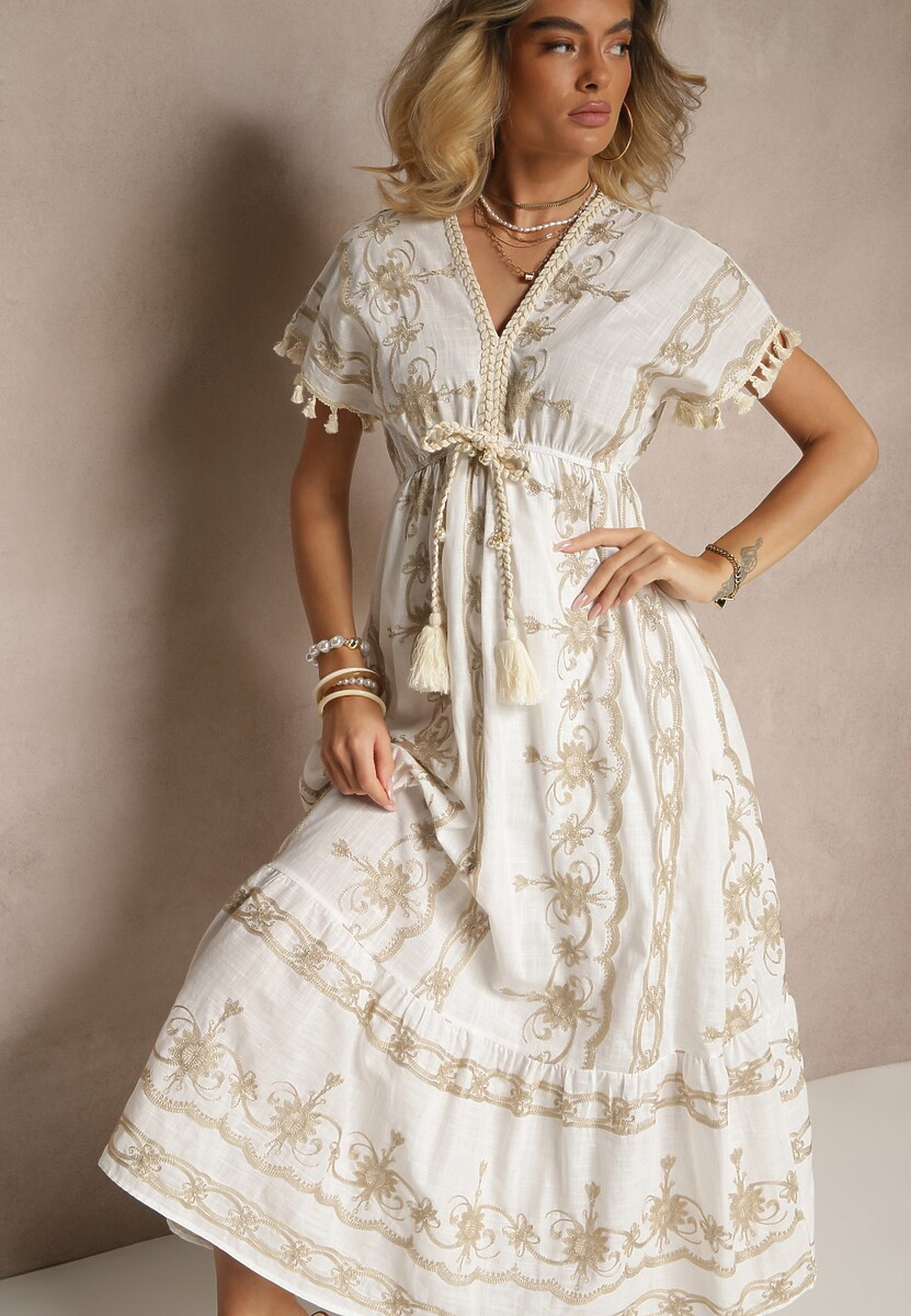Biała Rozkloszowana Sukienka Boho z Bawełny z Chwostami Haftami i Metaliczną Nicią Divirna