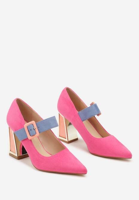 Fuksjowe Czółenka na Słupku z Metalicznymi Wstawkami i Paskiem Enavina