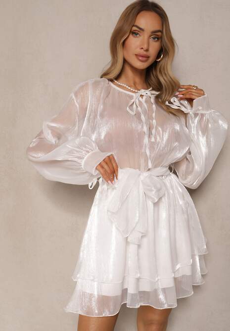 Biała Rozkloszowana Sukienka z Paskiem i Wiązaniem Savare