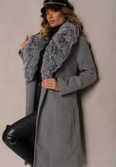 Szary Stylowy Płaszcz o Dwurzędowym Fasonie z Kołnierzem z Futerka i Paskiem Delarwen
