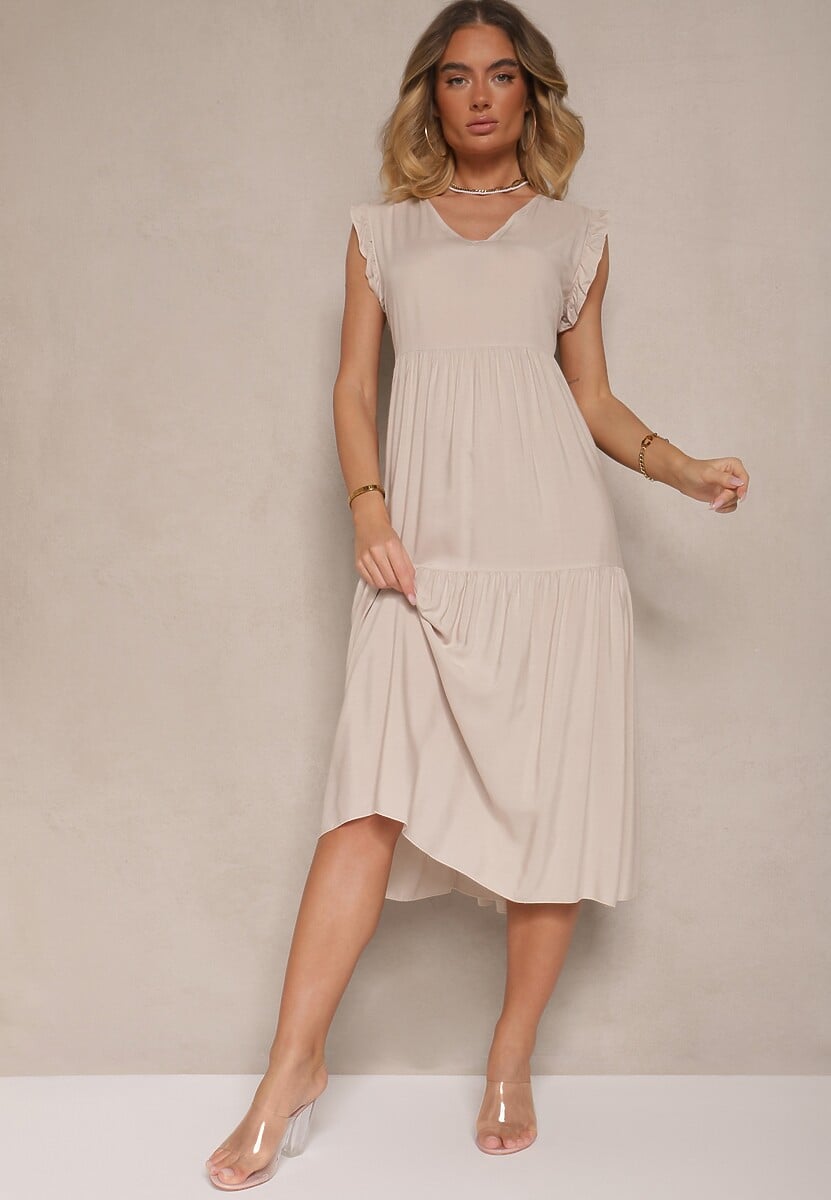 Jasnobeżowa Sukienka z Bawełny z Falbankami Hirlio
