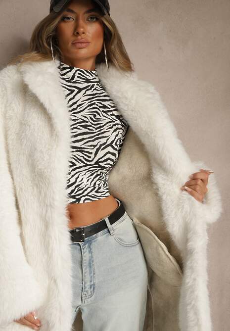 Beżowy Długi Futrzany Płaszcz Otirona