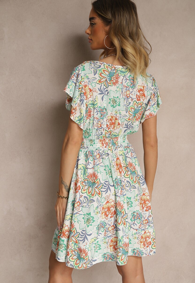 Jasnozielona Kwiatowa Kopertowa Sukienka z Bawełny Ulosiana