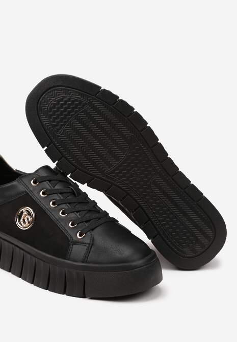 Czarno-Złote Sznurowane Sneakersy Vices na Platformie z Tłoczeniem i Metaliczną Aplikacją Lavfedi